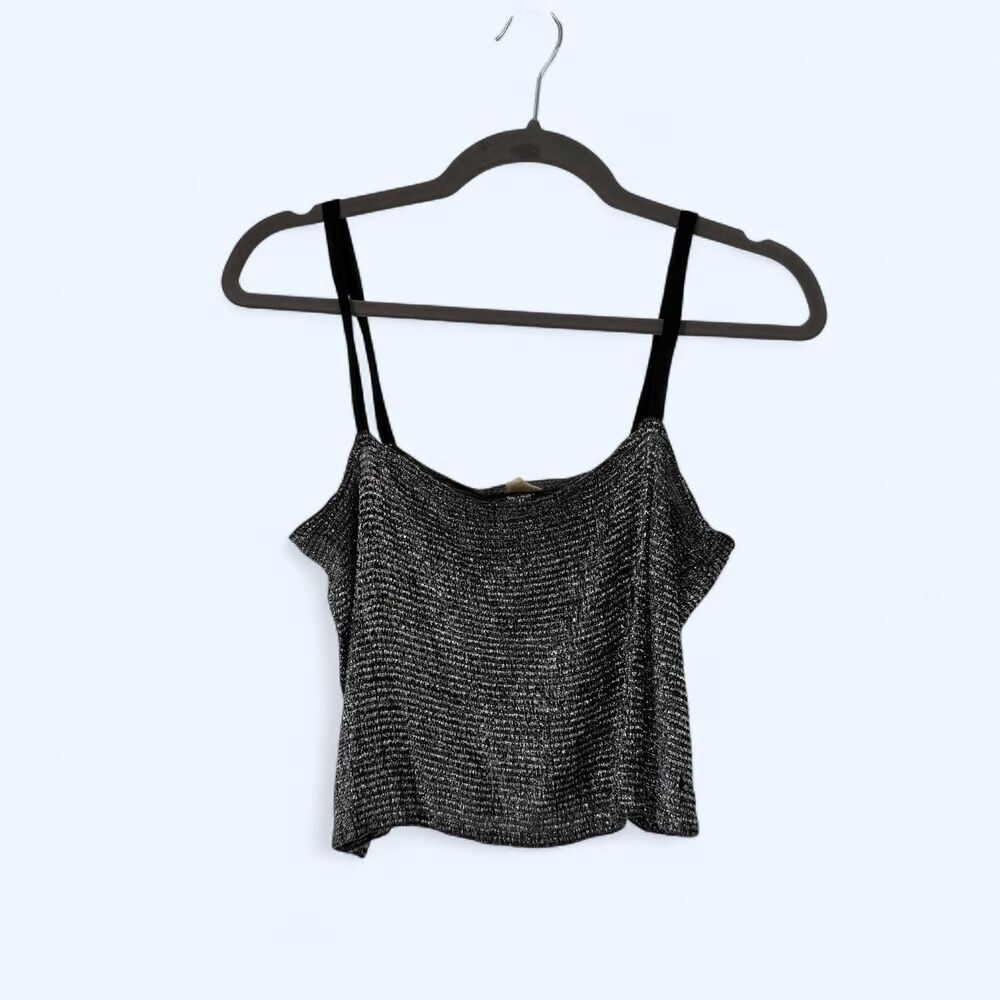 Silver Metallic Knit Camisole Tank Top Shimmer Spaghetti Strap Crop